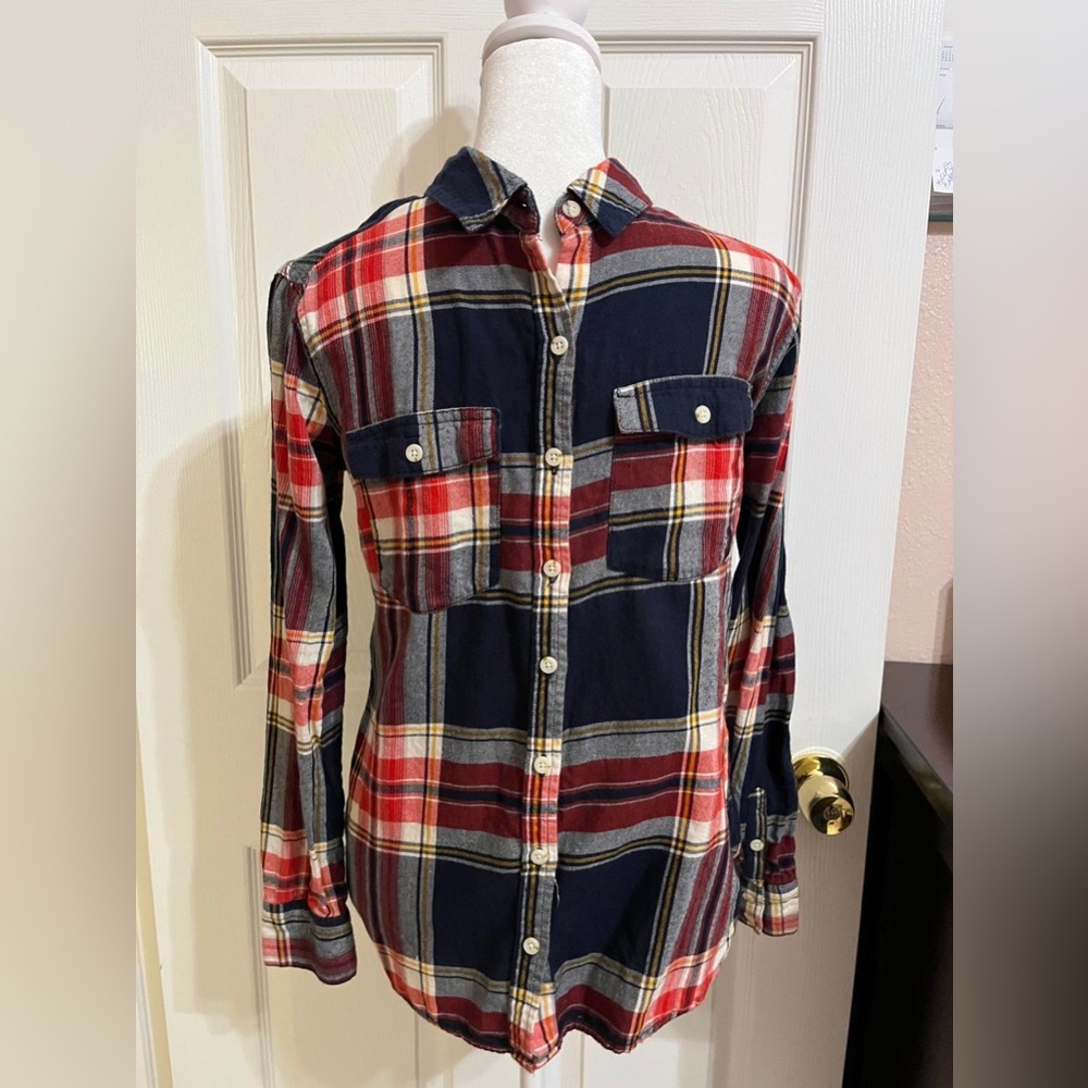 (2) Navy and red plaid flannel button-up shirt